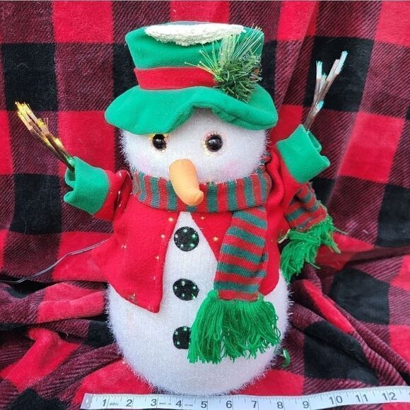 Fiber Optics Snowman decoration plug in light up 14" tall red green scarf hat - Picture 2 of 12